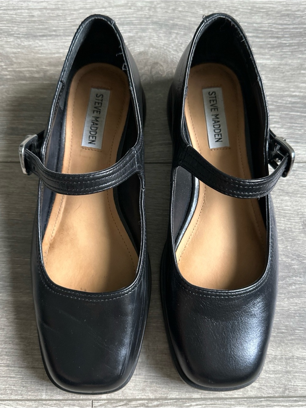 Steve Madden Delancy Black Leather Mary Jane Square Toe Buckle Flat Shoes sz 9M - Picture 4 of 11